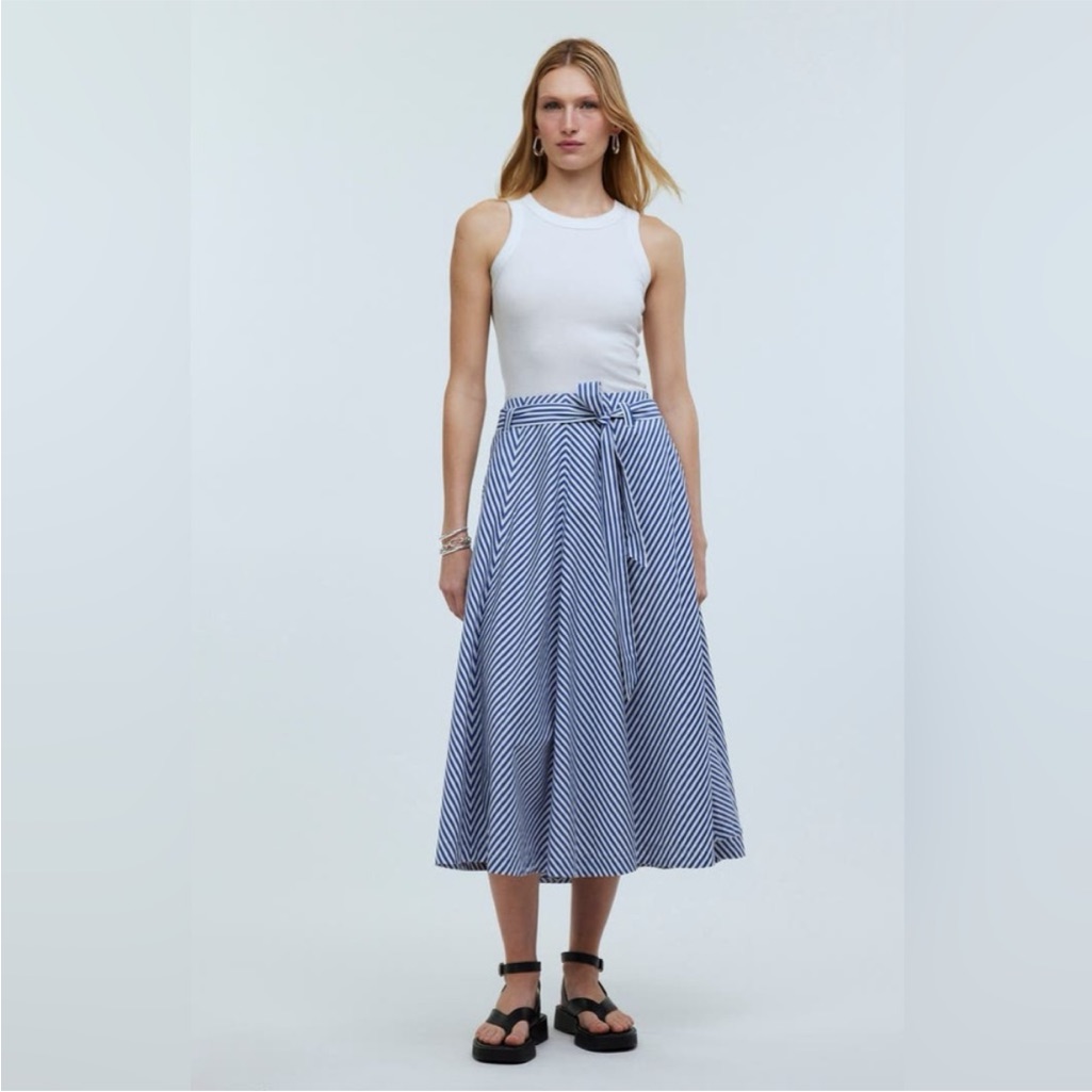 Madewell Navy And White Striped A-Line Skirt With Belt